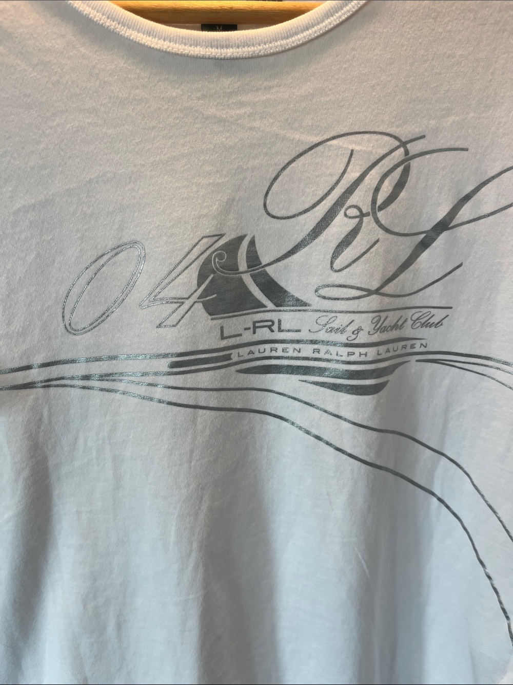 Ralph Lauren White Short Sleeve Tee with Silver Script Graphic medium